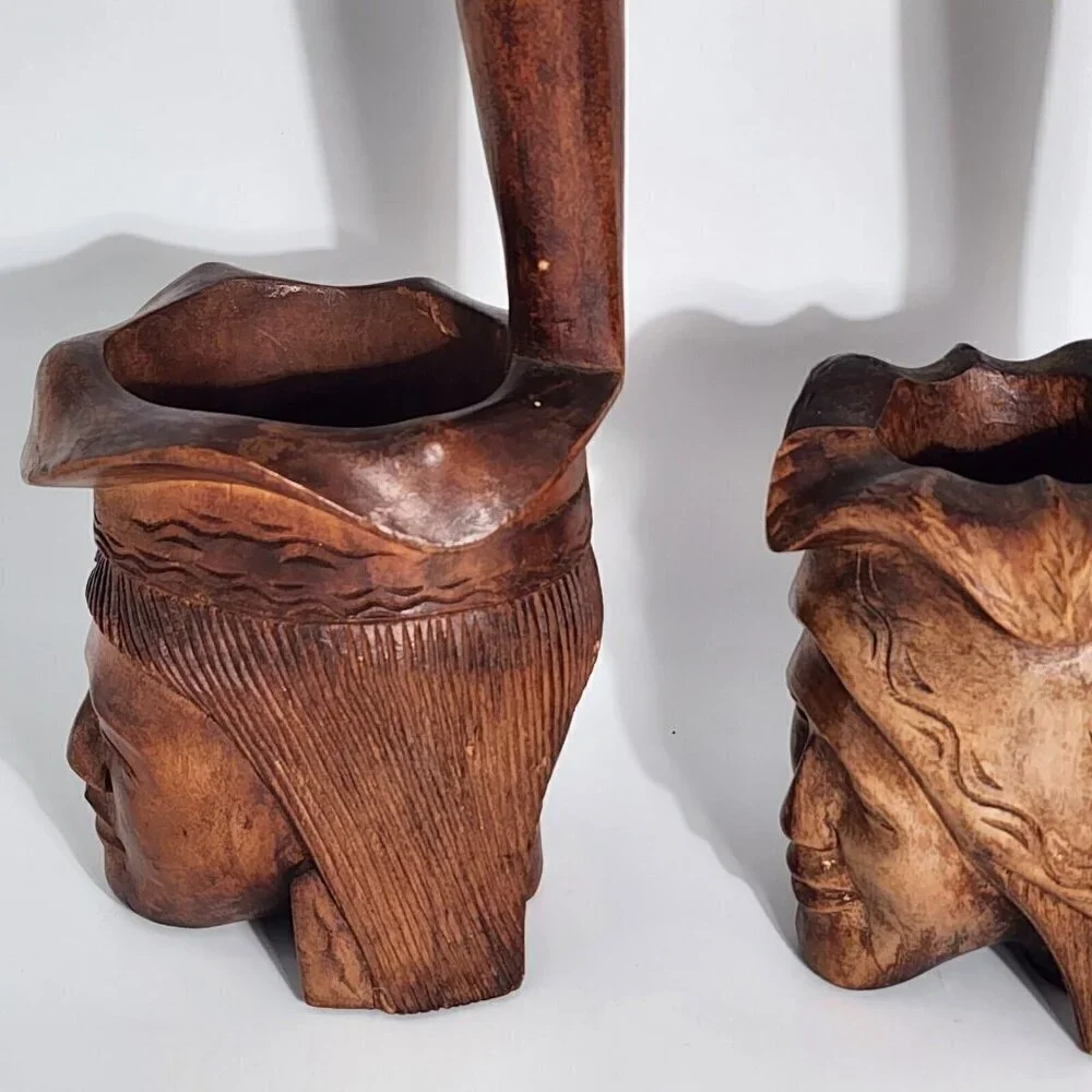Polynesian Wood Carved Water Dipper Ladle 1960s Tribal Totem Africa Vintage 2Pcs
